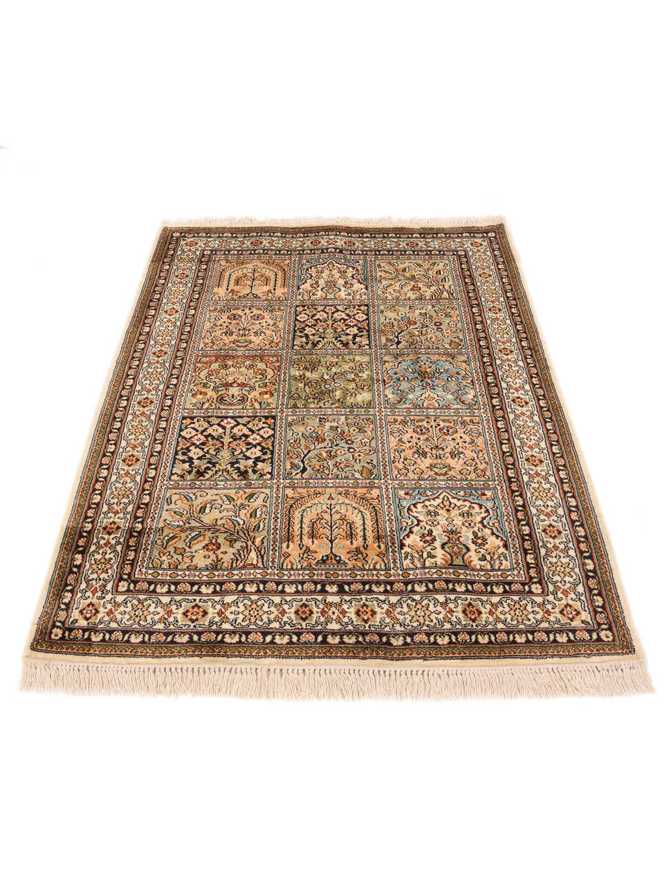 インド　カシミール　シルク　手織り絨毯 ヴィンテージラグ 玄関マット