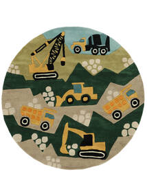 Bulldozer キッズカーペット Ø 150 小 グリーン/黄色 ラウンド ウール 絨毯 絨毯 